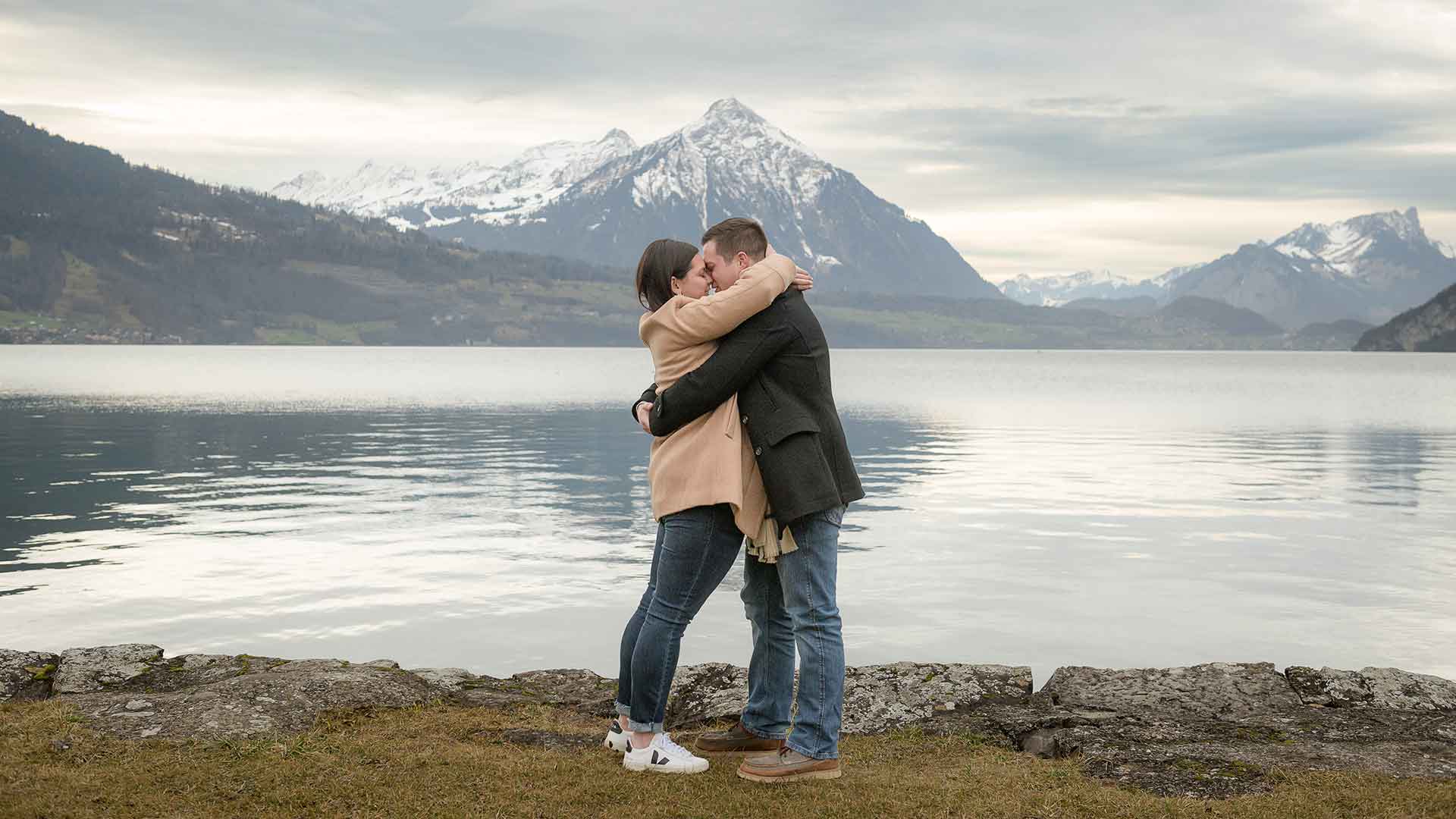 Surprise engagement by Lake Thun near Interlaken