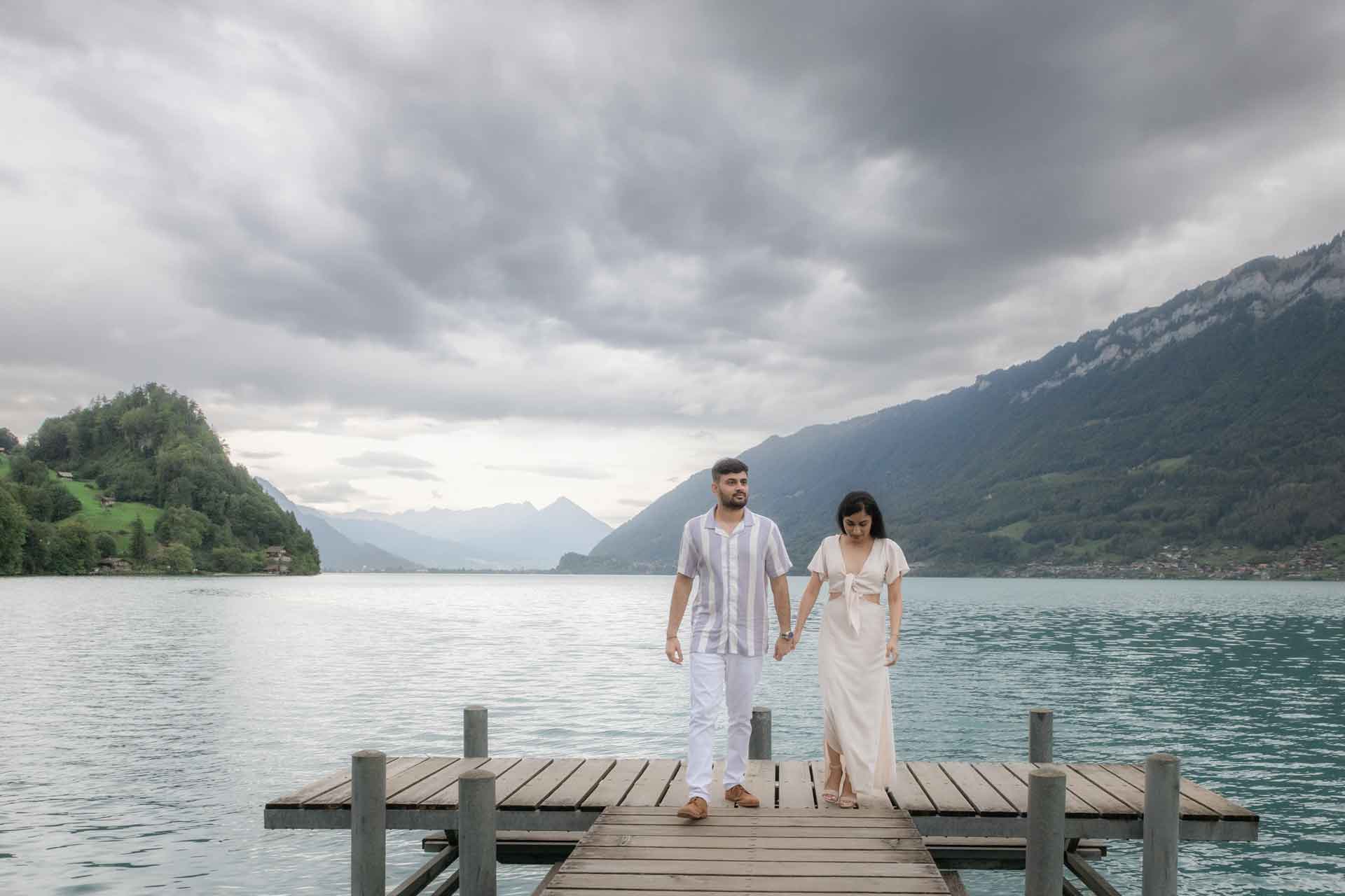 Surprise engagement on the pier in Iseltwald, Switzerland