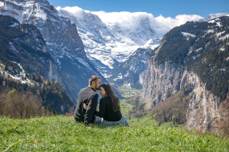 Sunny day engagement in Lauterbrunnen