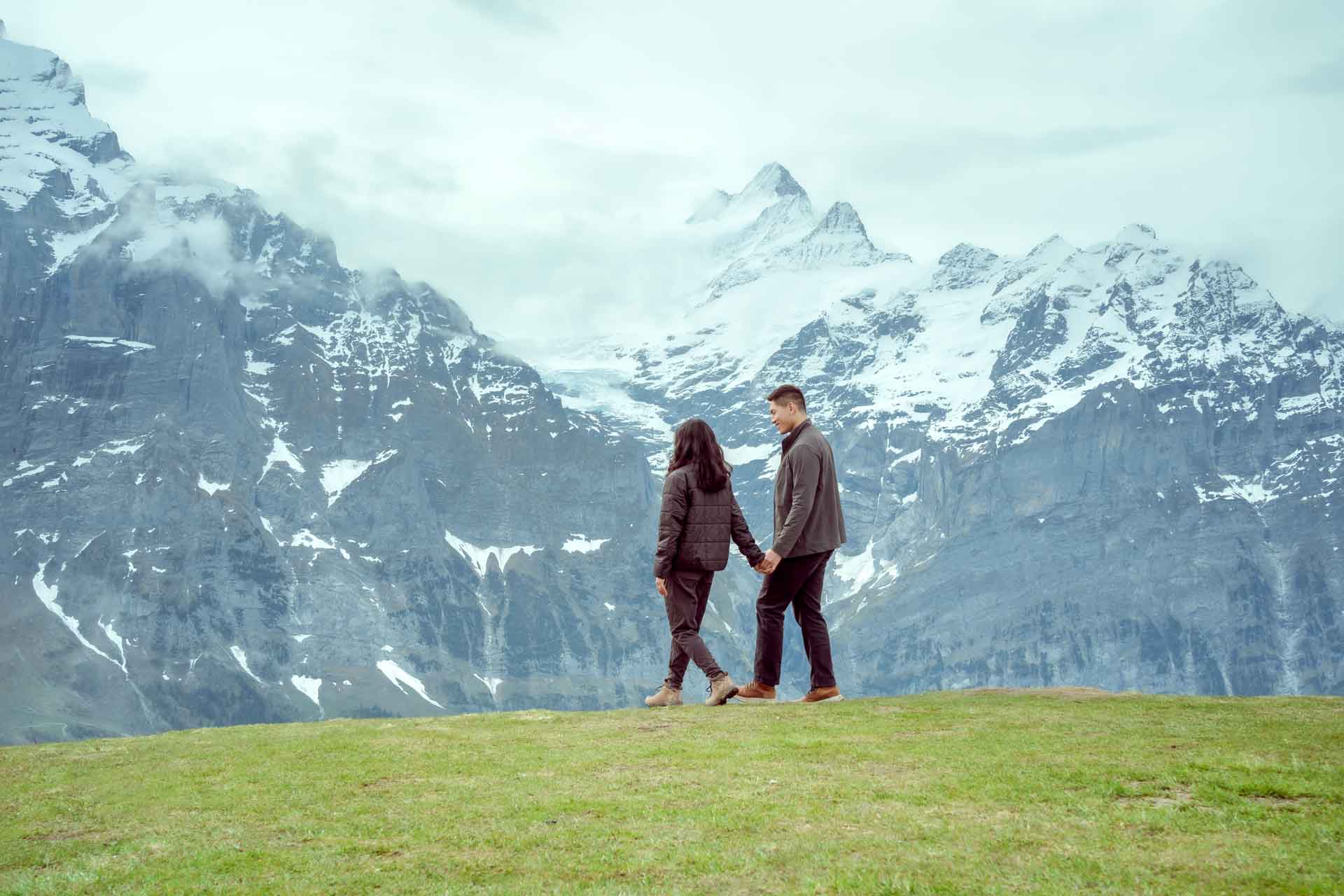 An engagement photo shoot on Grindelwald First