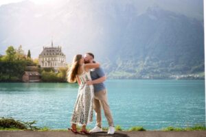 Engagement photo shoot in Iseltwald following a surprise marriage proposal on the pier.